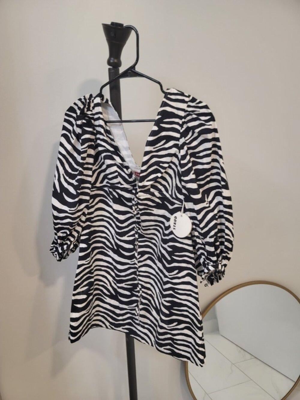 Staud Zebra Print Keshi V Neck 3/4 Length Sleeve Mini Dress Black & White Xs NWT